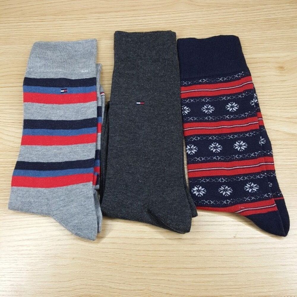 TOMMY HILFIGER Crew Dress Socks Mens Gray Blue 3-Pack Fair Ilse Stripe Logo